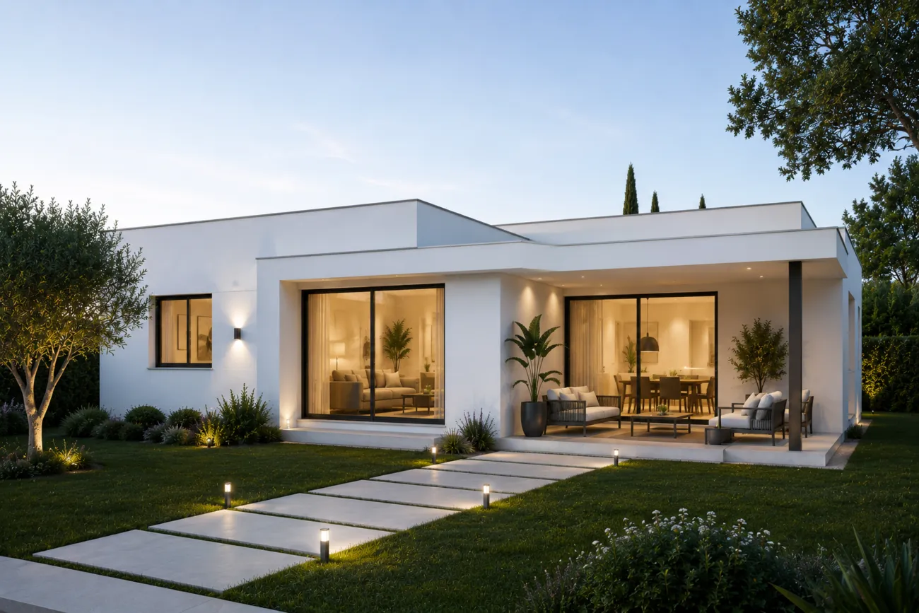 Vivienda unifamiliar moderna con jardín y piscina