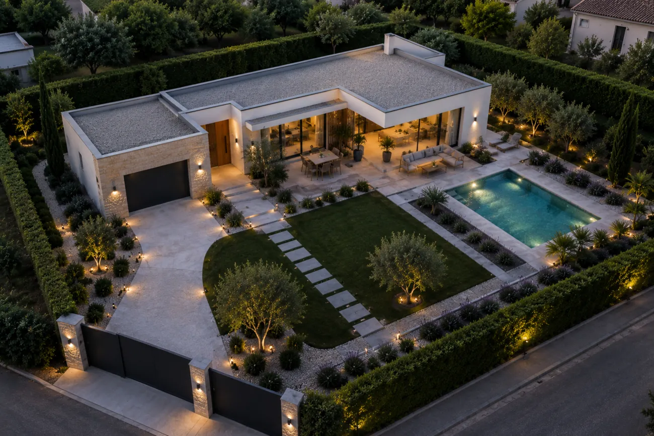 Vista aérea de una vivienda unifamiliar con jardín y piscina