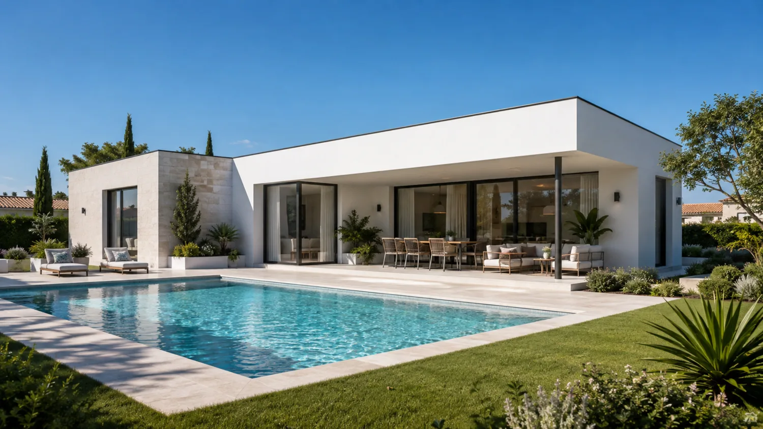 Vivienda unifamiliar moderna de una planta con piscina